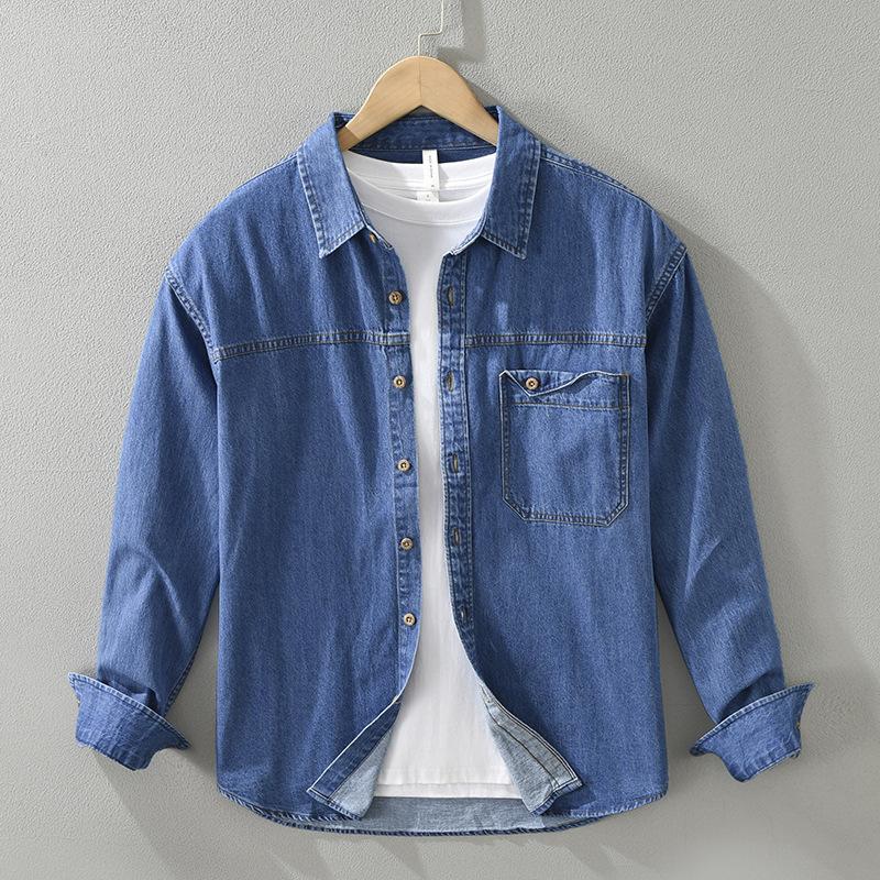 Korean Retro Style Mens Long Sleeve Denim Shirt Pure Cotton Jean Shirt Spring and Summer Casual Shirt Lapel Collar