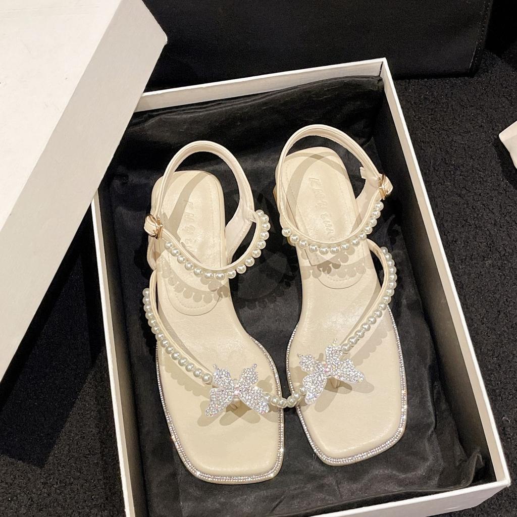 Rhinestones Open Toe Butterfly Pearl With Medium Heels Ladies Shoes Anti Slip Hot 2025 Luxury Comfort Vintage Women's Sandals