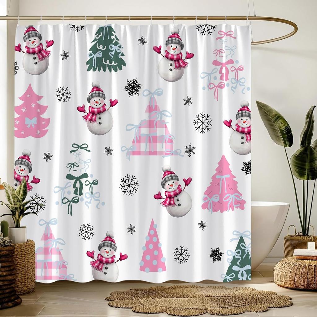 Christmas Snowman Shower Curtain Pink Plaid Xmas Tree Cute Bow Cartoon Snowman Snowflake Funny Winter Holiday Bathroom Decor