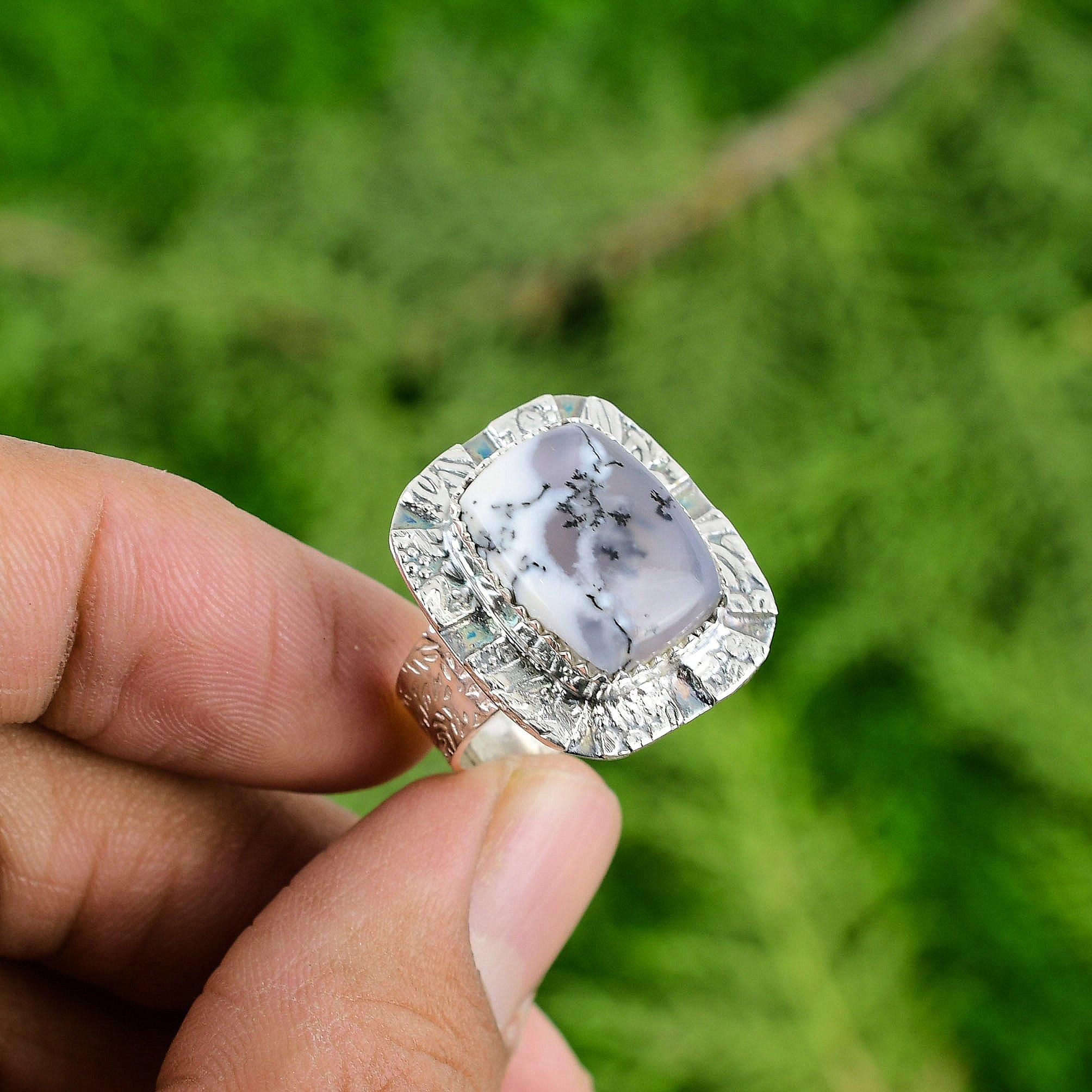 

Серебро 925 пробы Сияющий Дендритовый Опал Драгоценный камень Кольцо-заявление на день рождения Ювелирное изделие Adjustable