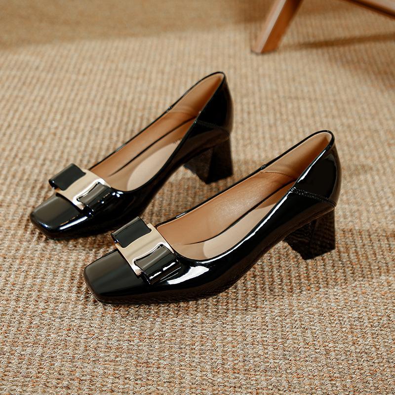 White High Heels Thick Heel Not Tired Feet 2025 New Versatile Women's Shoes Shallow Mouth Square Head Shoes Patent Leather Middle Heel Single Shoes
