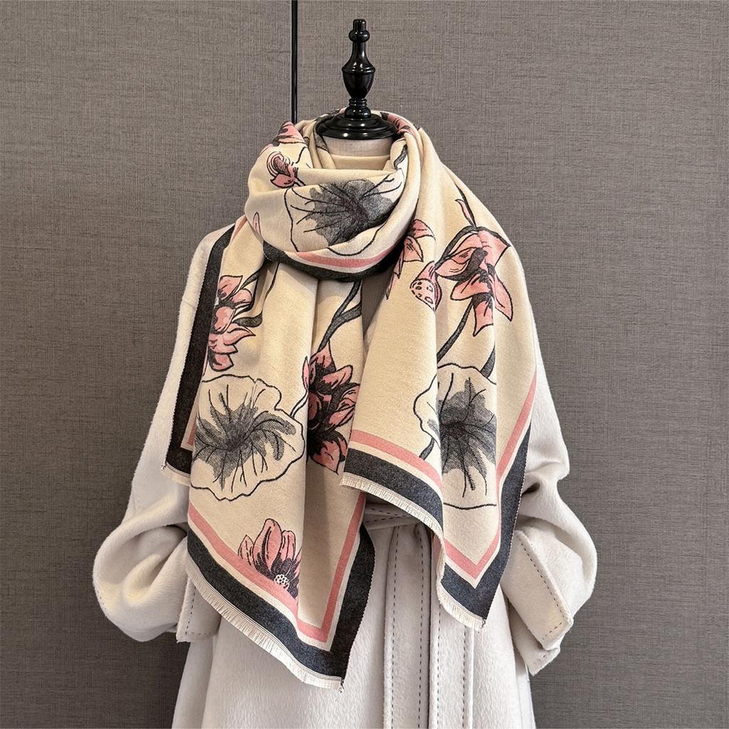 New Autumn Winter Women Cashmere Scarf Thick Warm Shawl Lotus Flower Print Fashionable And Versatile Elegant Scarves