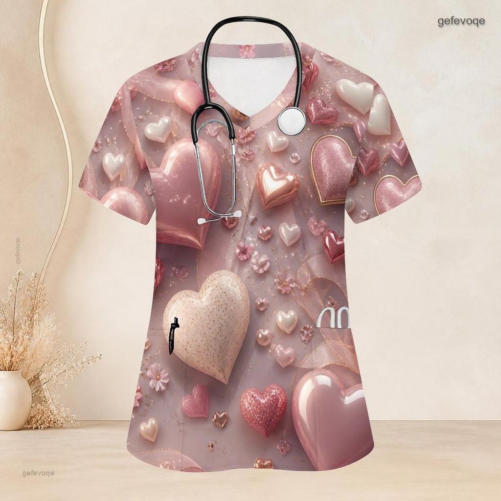 Women Plus Size V Neck Short Sleeve Scrub Top Pink Watercolor Heart Valentine Print Nurse Uniform Top