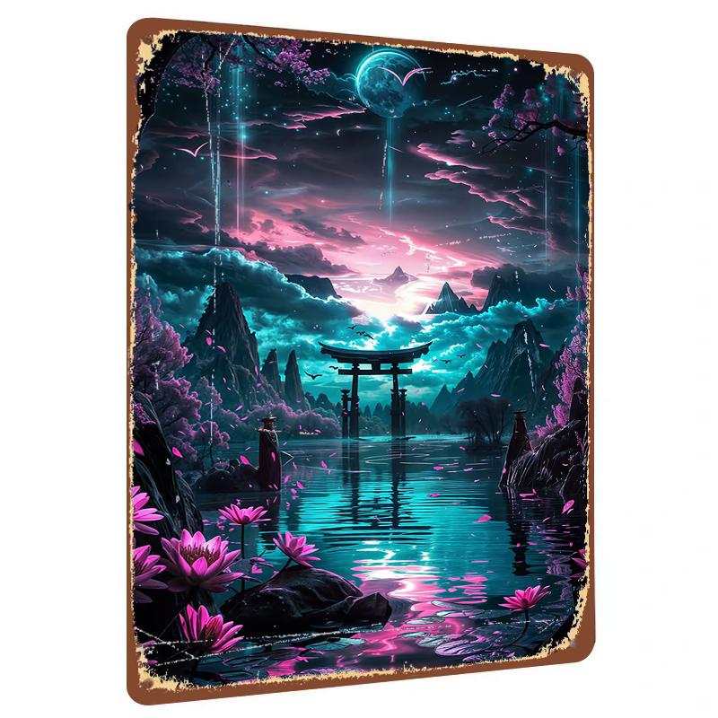 

Dreamy Moonlit Torii Gate Landscape Metal Iron Painting Living Room Wall Art Decor 20x30cm（7.8x11.8inch）