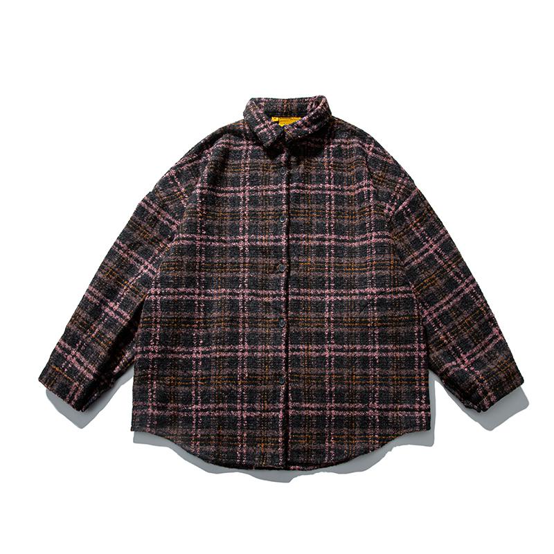 Autumn and Winter Japanese Department College Contrasting Color Plaid Shirt for Men and Women Couples BF Neutral Woolen Jacket Lapel Loose and Casual