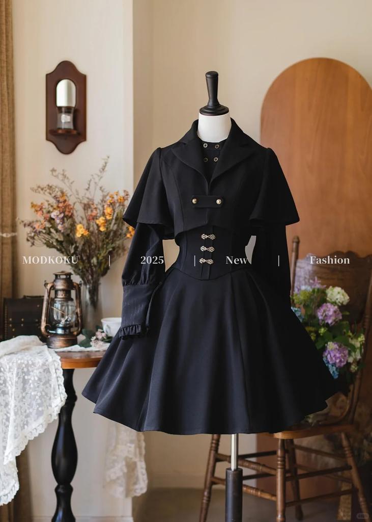 MODKOKU Gothic Lolita and Suspender Features a Gothic and Girly Perfect for Halloween and Long Available in Black Women's Cape-Style Set, Blouse,