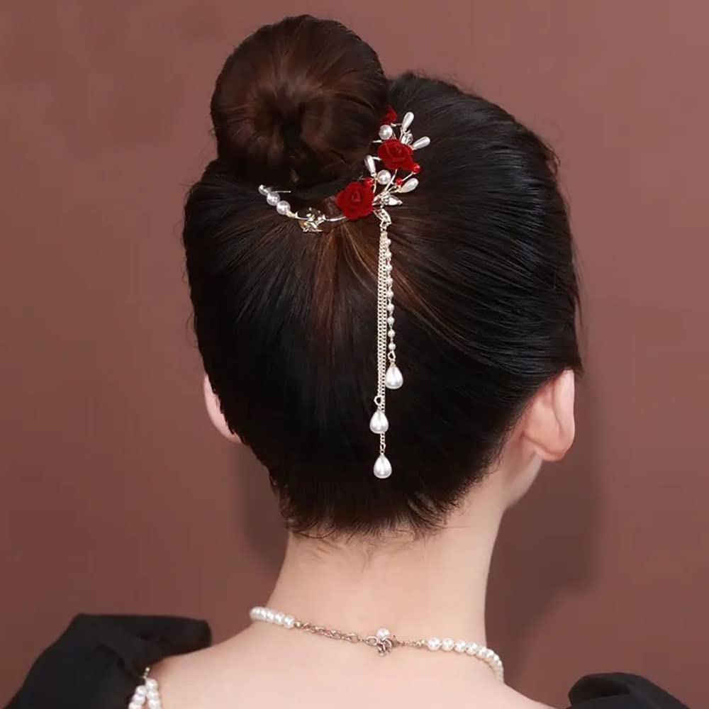 Pearl Rose Hair Clips, Tassel Pill Hair Clip Fashionable Elegant Metal Claw Clips Ponytail Buckle Vintage Hair Pearls Red Rose Flower Clips Hair