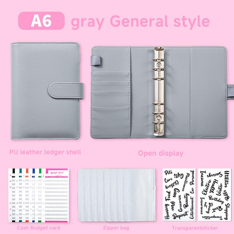 A6 PU Leather Six-Ring Loose-Leaf Binder with Zipper Pockets and Planner
