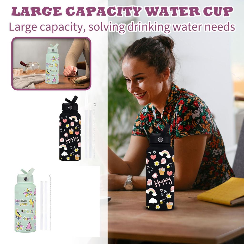 Sports Kettle Stainless Steel 1L Large Capacity Printed Large Mouth Insulated Cup Portable Handle Straw Water Cup