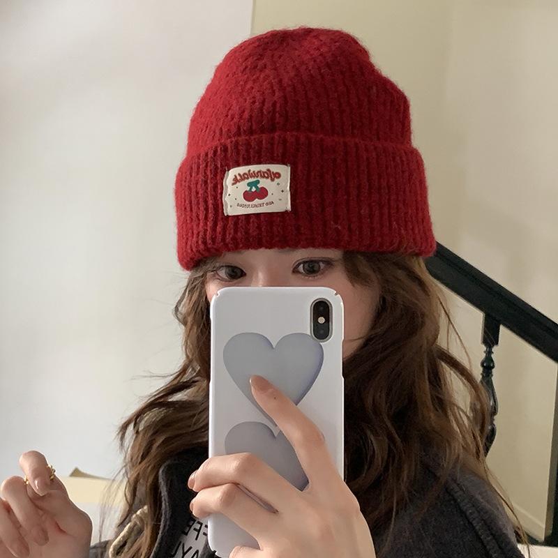 Autumn and Winter Embroidered Cloth Label Cherry Woolen Hat Korean Style Simple Face Showing Small Cold Hat Ear Protection Pullover Head Woolen Hat