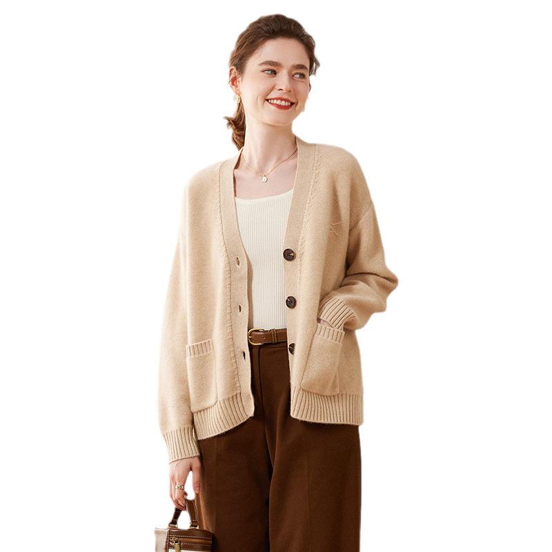 Women's American Style Loose Knit V-neck Cardigan - Casual Spring/Autumn Long Sleeve Outerwear