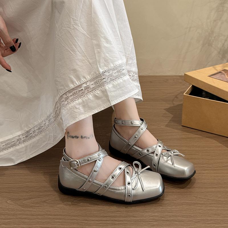 Fashion Silver bow small single shoes women's spring and summer new heightening real soft leather light mouth square head ballet shoes