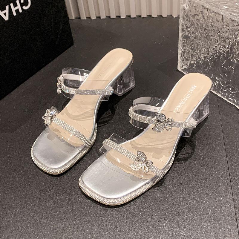 Fairy Wind High-heeled Slippers Female Summer Wear 2025 New Transparent Rhinestone One-word Drag Crystal Thick-heeled Cool Slippers