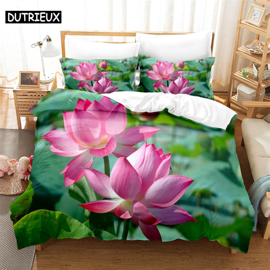 Pink Lotus Queen Bedding Set Green Duvet Cover Set Kids Bedding Digital Printing Bed Linen King Size Duvet Cover Set Bedding Set