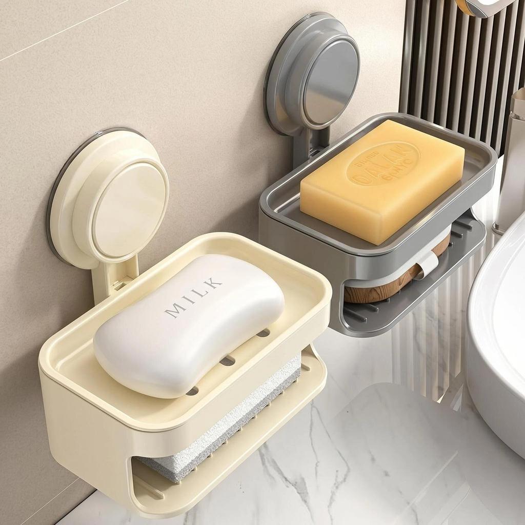 Suction Cup Double-Layer Wall-Mounted Soap Dish with Drainage
