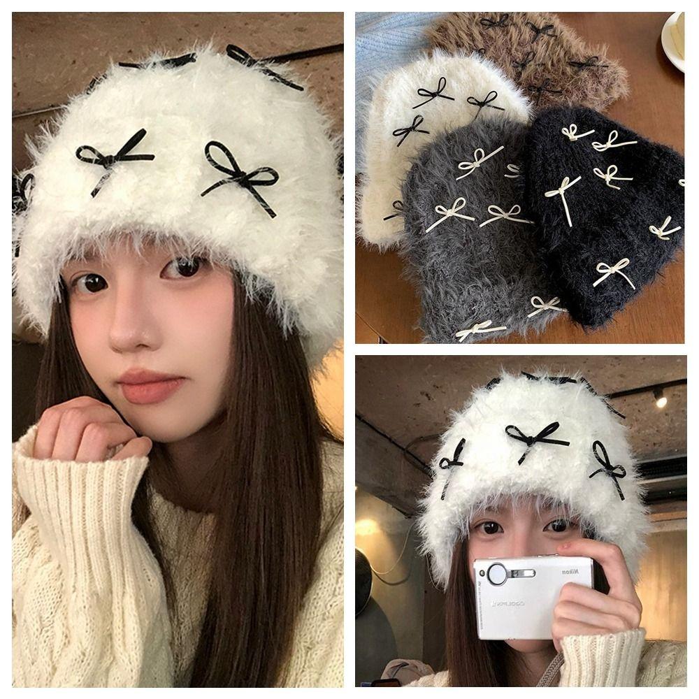 

Warm Bow Knitted Hat Wool Knit Cap Casual Plush Beanies Outdoor коричневий