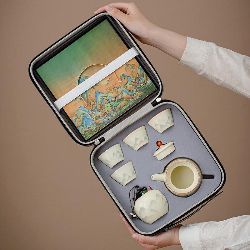 Huang Ru Kiln Travel Tea Set One Pot Four Cups Outdoor Portable Ceramic Tea Pot Teacup Teachers' Day Gift