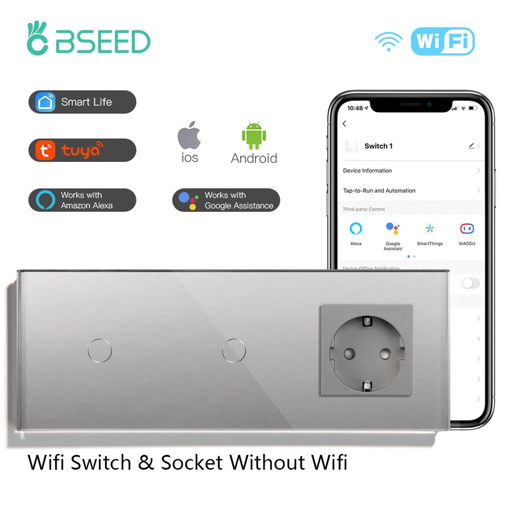 BSEED  Wifi Double 1/2/3Gang Touch Switches Smart Life Alexa Control Plus Normal Wall Power Socket EU Standard Glass Panel 228mm