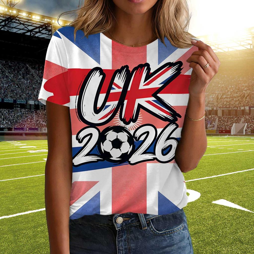 Ladies Casual Pullover T Shirt Short Sleeve Crew Neck Top with Letter Print for Football Support England 2026