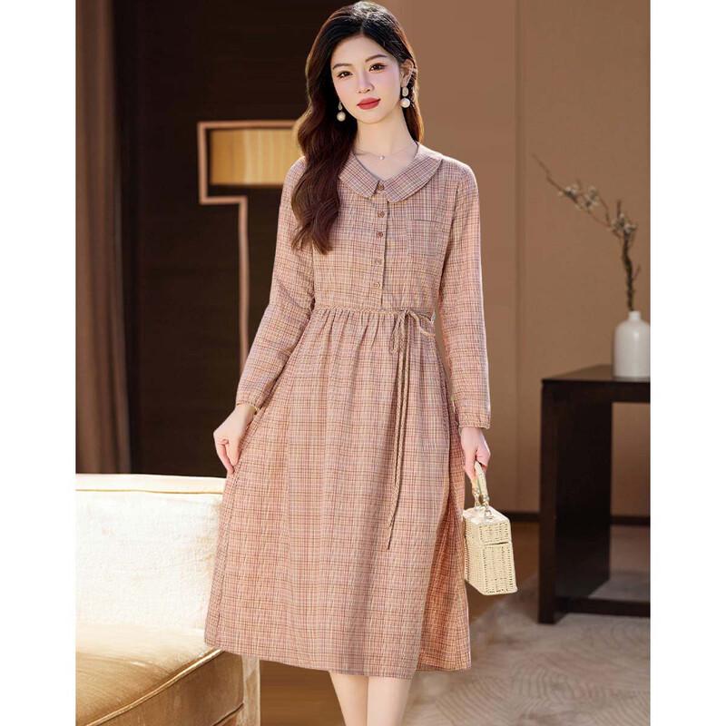 D.F.DEAR Women's 2026 Summer Plaid Peter Pan Collar Tie-Waist Long-Sleeve Dress