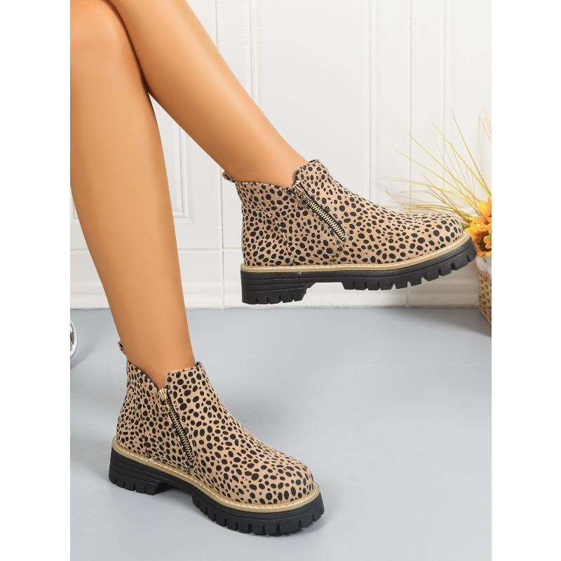 Plus Size Leopard Print Platform Martin Boots 2025 Winter New Side Zipper Round Toe Booties for Women