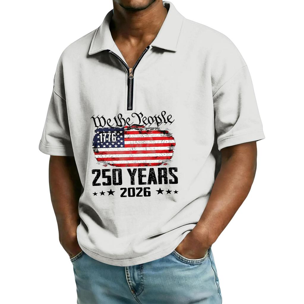 Men's Casual Loose American Independence Day Printed T-shirt Lapel Short Sleeve Daily Tops