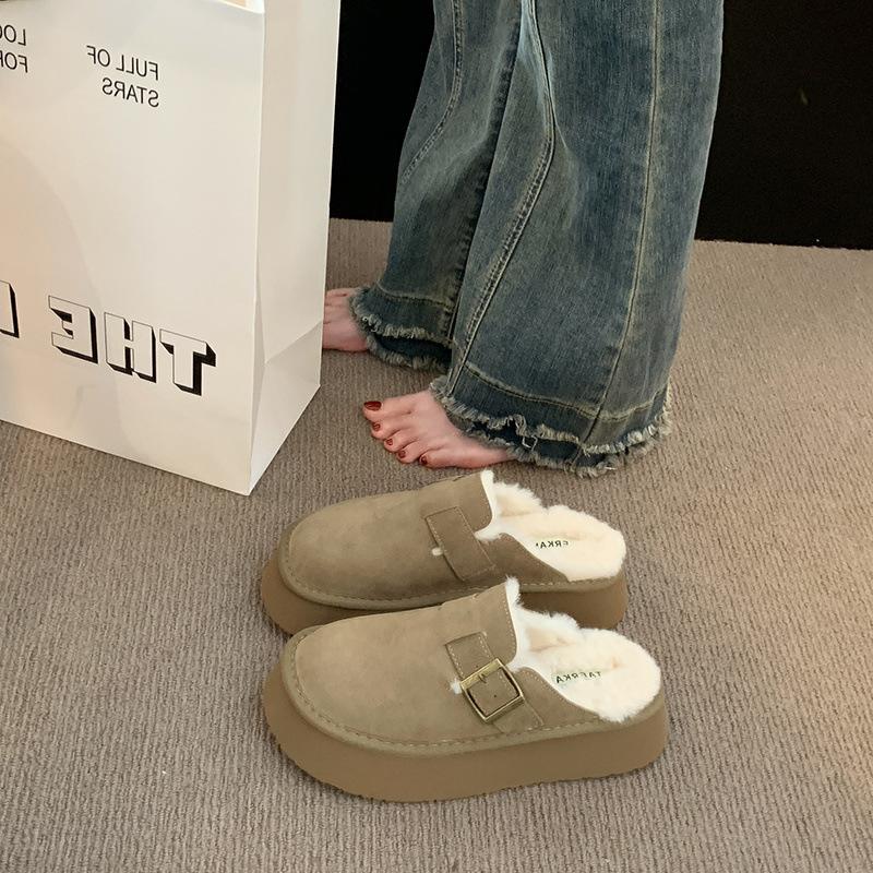 

Thick-soled fluffy slippers women s Birkenstocks 2024 new winter velvet warm Birkenstocks snow boots bag head half slippers 99