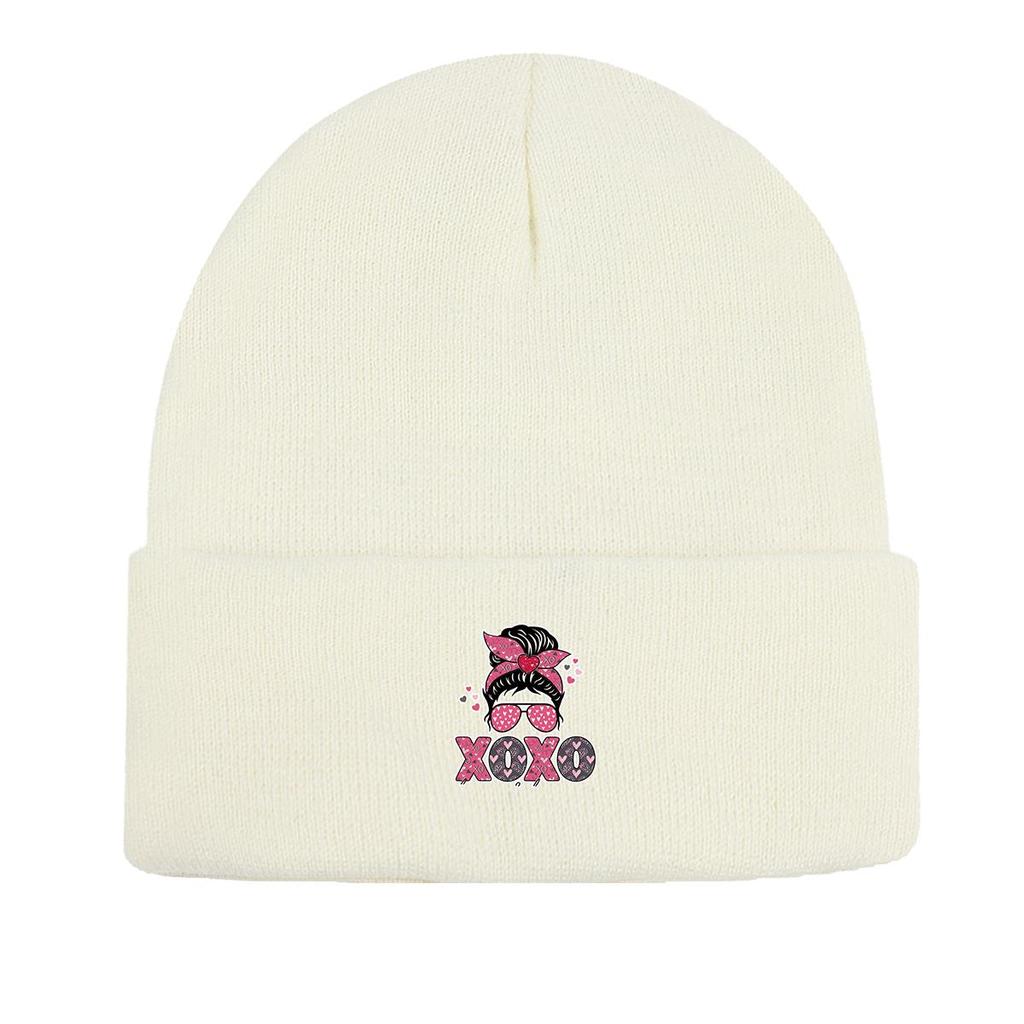 XOXO" Valentine's Day Print Knit Hat Beanie, Sunglasses Lady Skull Cap Stretchy Autumn Trendy Bonnet Knitted Cap Beanie