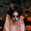 Halloween Ghost Bride Costume Gothic Flower Headband with Veil, Spooky Black Rose Dead Branch Skull Headpiece, Witch Hair Band Day of The Bridal Veil
