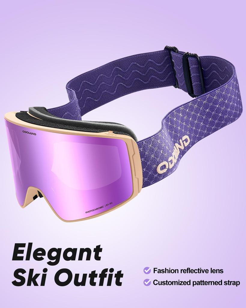 Odoland Photochromic Snow Goggles with Mirror OTG Glasses UV400 Automatic Impact Adult Color-Changing Lenses, Anti-Fog, Compatible, Protection,