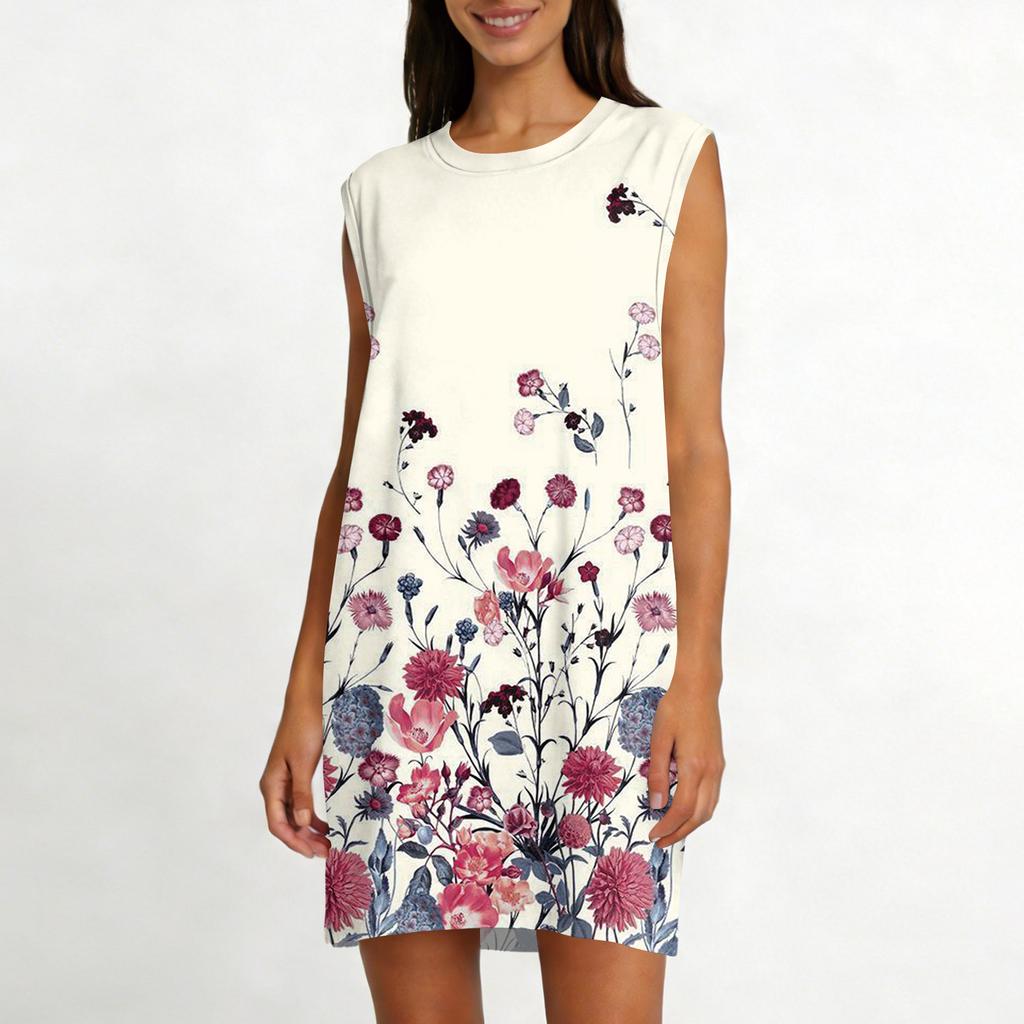 Lässiges und modisches ärmelloses, mittellanges Kleid mit Rundhalsausschnitt und Druck für Damen