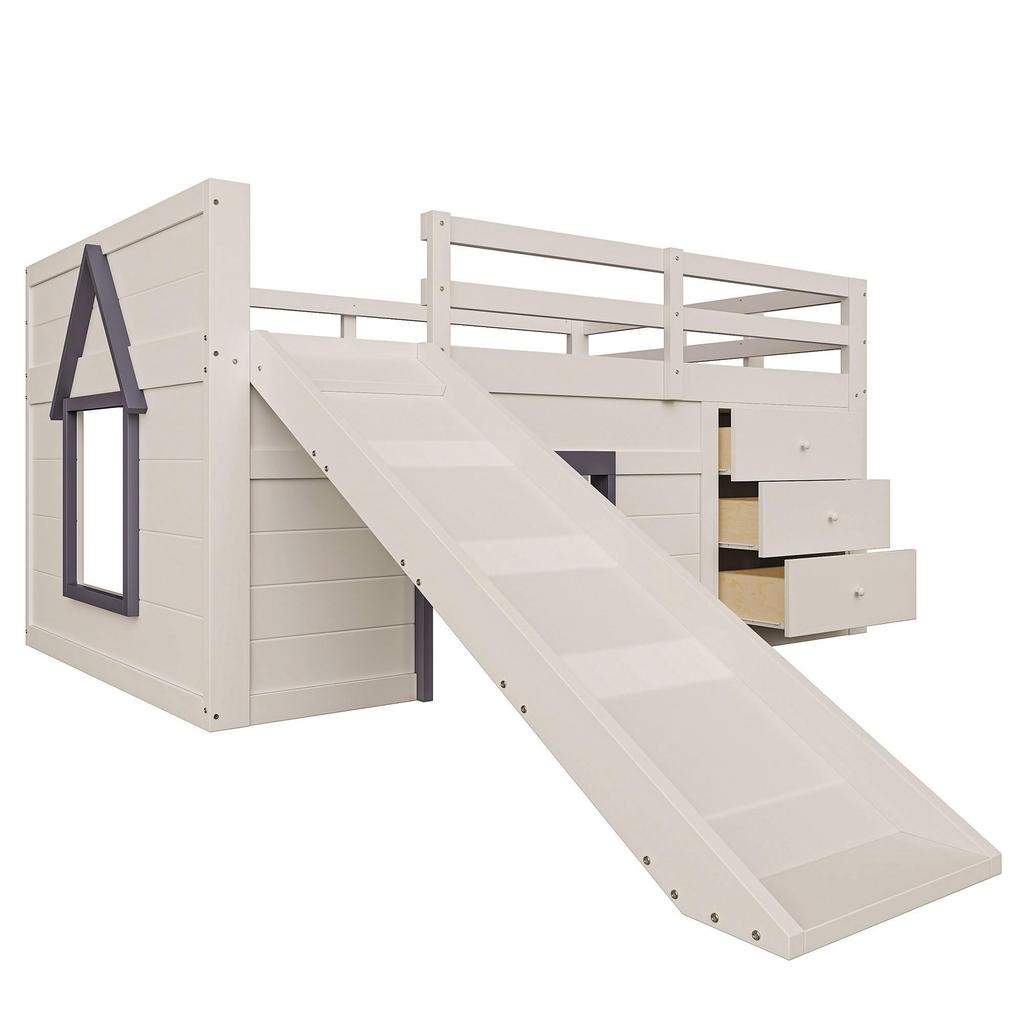 Children's Bed 140x200 Functional Bed Loft Bed Slide Storage Space Play Area Wooden Bed Slatted Frame Ladder Fall Protection Pine Cream (without Mattress)