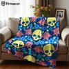 Floral Skull Bat Blue Cartoon Anime Print Flannel Blanket Soft Warm Throw for Kids Bedroom Sofa Christmas Office Car