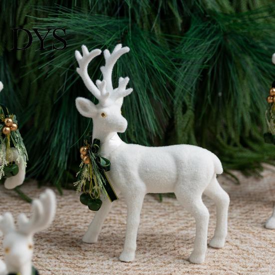 Reusable Tabletop Decoration Pieces White Flocked Elk Ornament, Ribbon Bell Decor 3D Standing Deer Minimalist Ornaments Figurine, Decorative