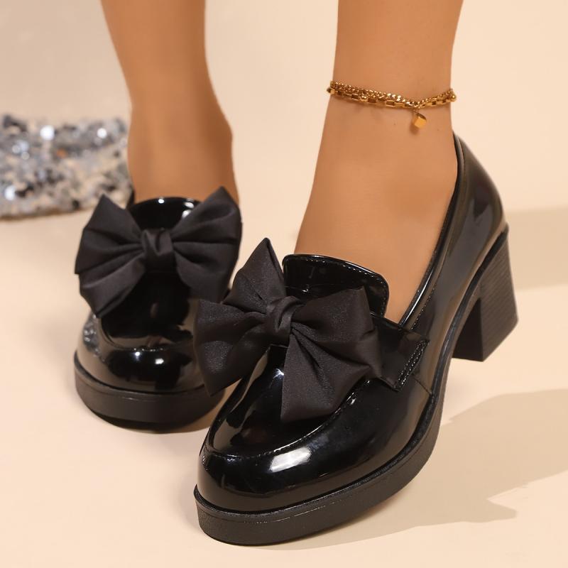 Fashion Bowknot Decoration Black Patent Leather Loafers Women 2025 Summer Round Toe High Heel Pumps Elegant Office Dress Slip On Shoes