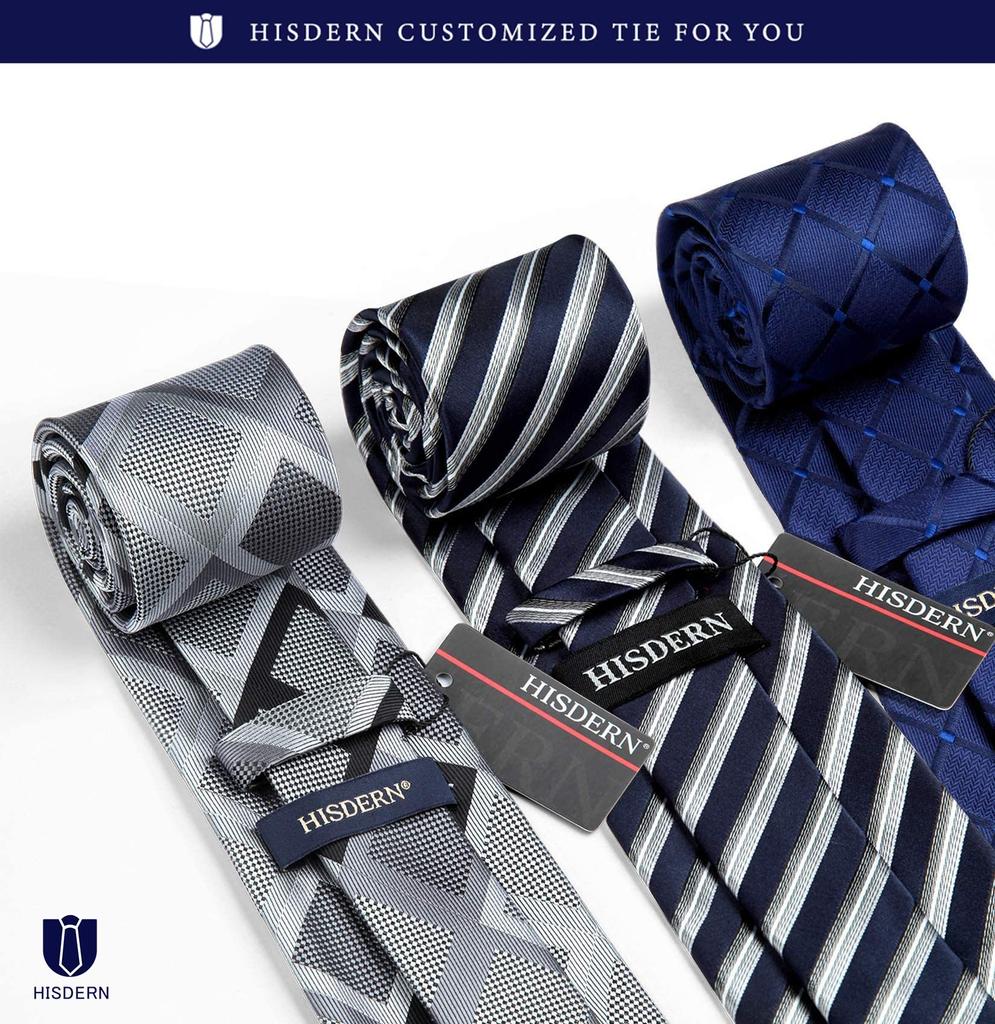 [HISDERN] Business Navy Tie 3-Piece Set - Stylish, Perfect for Weddings, Blue Tie, Pocket Square, Men's Formal Wear, Gift, Washable T3-01