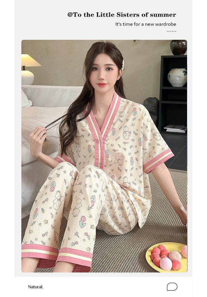 New Crepe Tulip Rabbit Large Size Pajamas Women's Spring Summer Short Sleeve Pants Two-piece Ins Style Loungewear