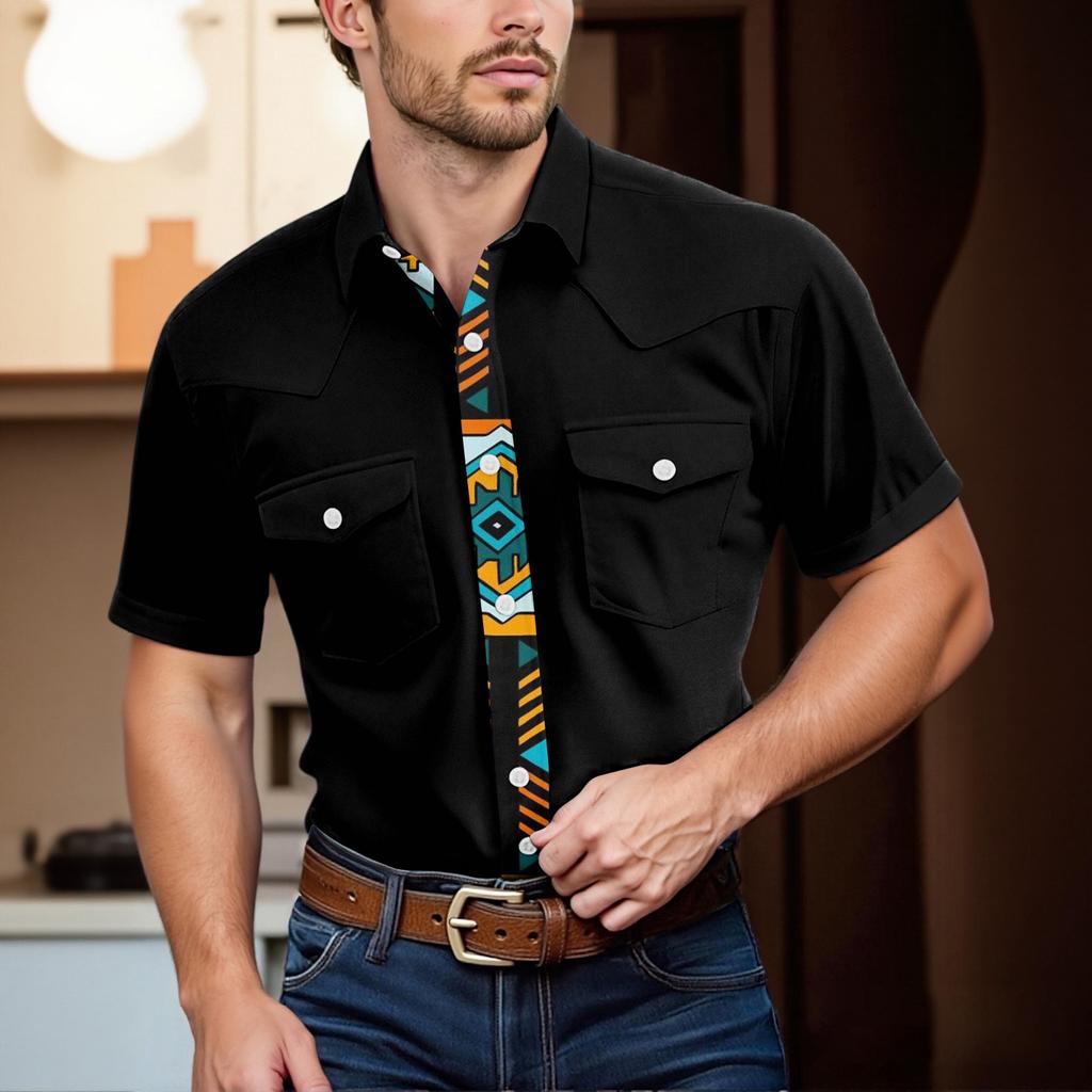 Pánské módní s klopou a krátkým rukávem ležérní top délky po ramena