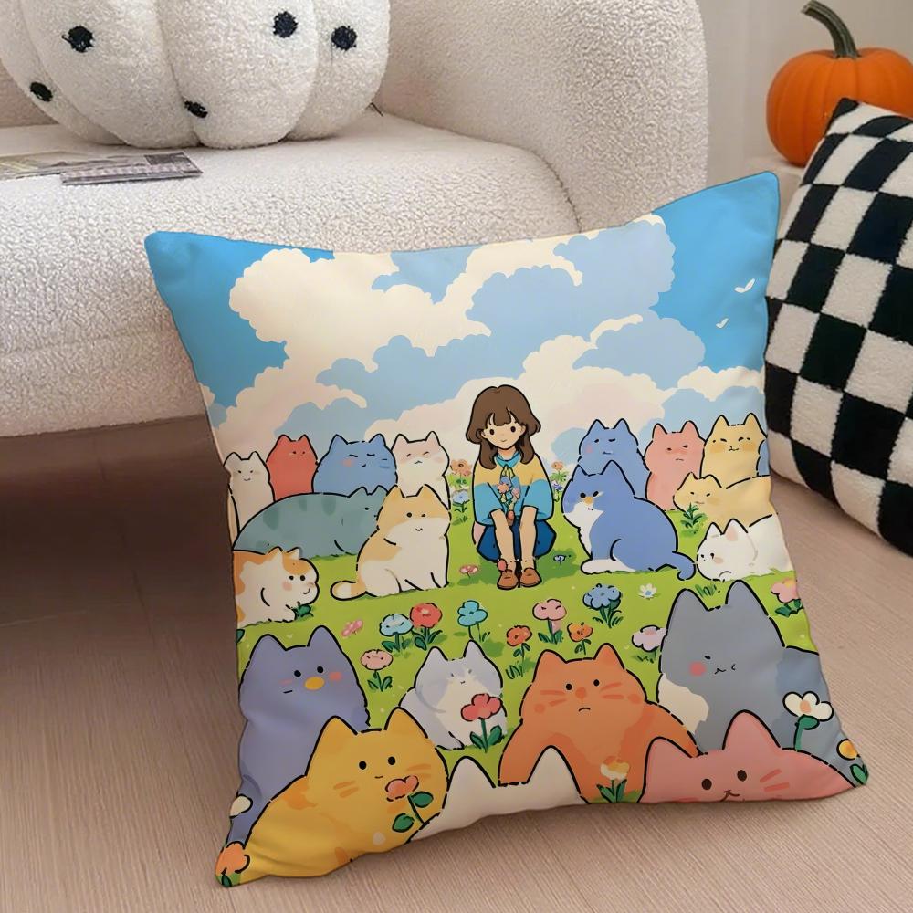 Cartoon Cute Cat Picture For Wake Up Cushion Cover Throw Pillow Cover Hidden Button Durable Polyester Chair Cushion