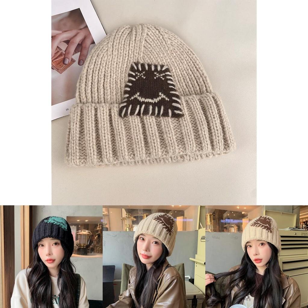 Expression Pattern Embroidery Knit Hat Women Autumn Winter Warm Thick Earmuff For Casual Outdoor Use