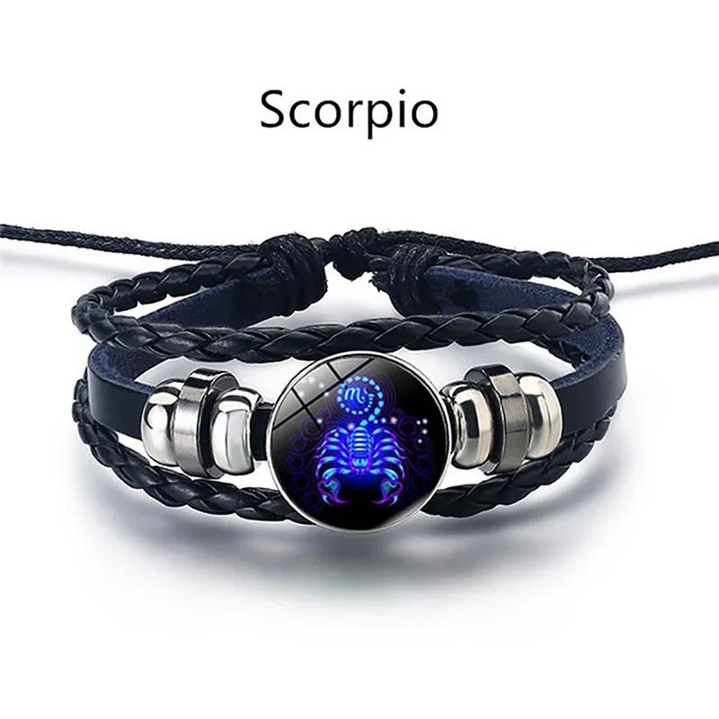 12 Constellation Luminous Bracelet Men Women Couple Multi-Layer Handmade Woven PU Rope Charm Bracelet Wristband Jewelry Gifts