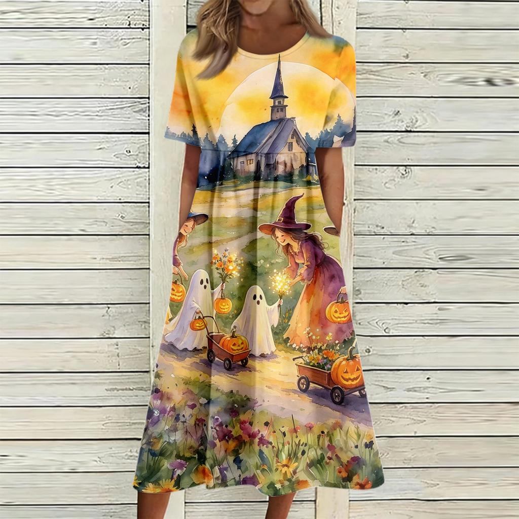 Women's Casual Round Neck Dress with Halloween Print and Pockets