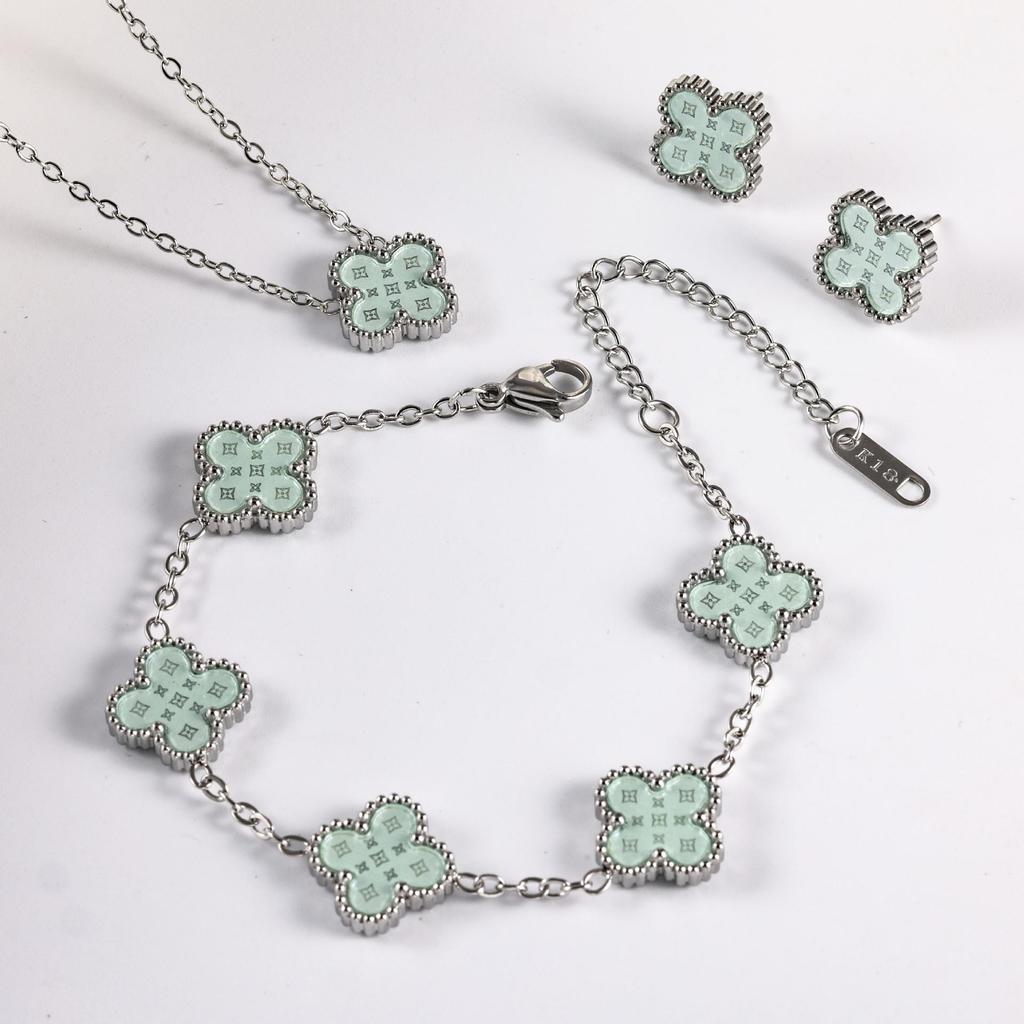 3PCS Four Leaf Clover Non fading Light Luxury Necklace Bracelet Earnail Set 13MM
