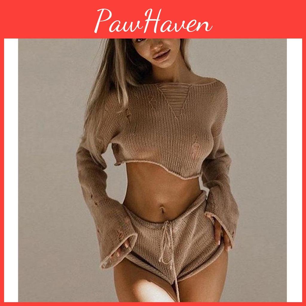 Crop Sexy Top Beach Shorts Sets Women Knit Long Sleeve Lace Up Female Suit Summer Holiday See Through 2 Piece Set Womens