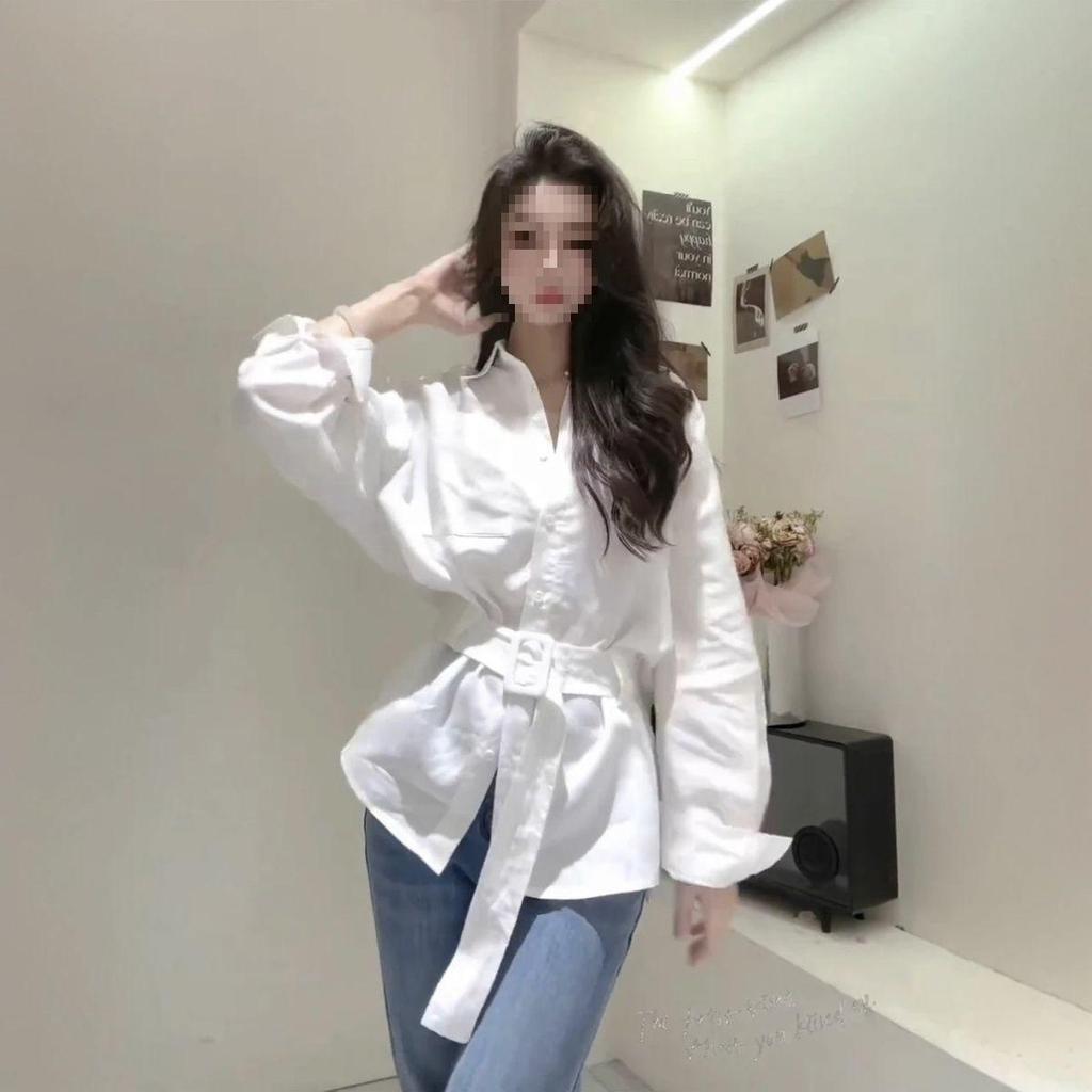 Korean Design Waist-Cinched Slimming Shirt with Belt - Spring/Summer 2025 Women's Casual Top