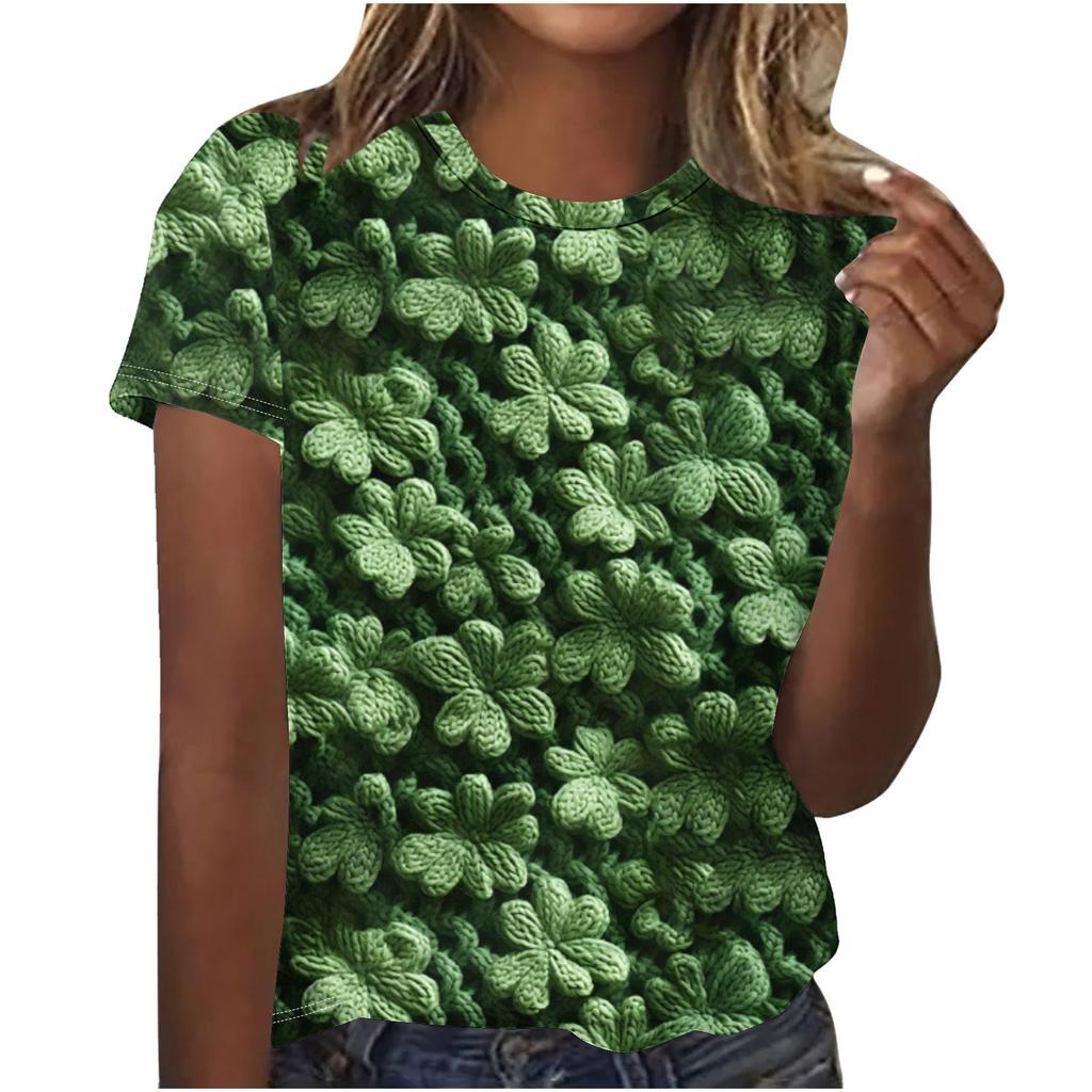 Cuello Redondo de Verano 3D St. Camisetas de Manga Corta Casuales de Moda para Mujer con Estampado Temático Verde del Día de San Patricio