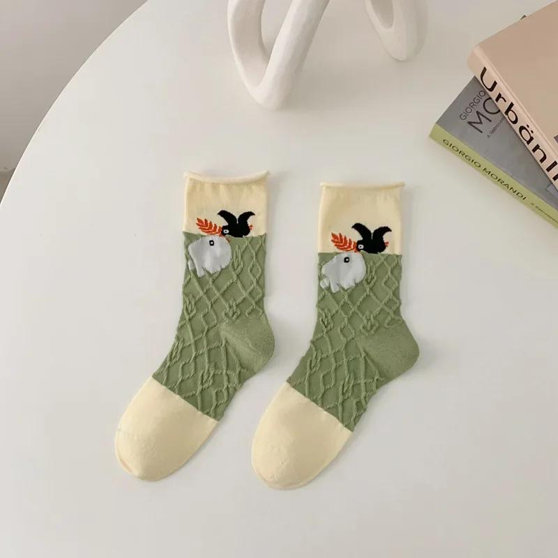 Women Socks Korean Japanese Style Cartoon Green Flower Harajuku Cute Kawaii Mid Tube Socks Breathable Casual Short  Cotton Socks