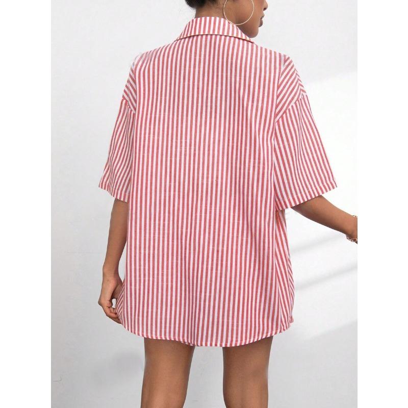 DAFIFY Women's Fashion Casual Summer Spring Stripe Print Short Sleeve POLO Neck Trousers Pants Suits