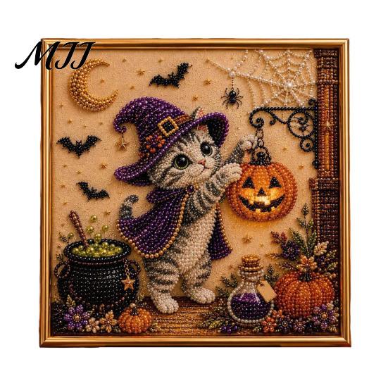 DIY Hobbybastelsets für die Freizeit Geister-Kunstset mit Kunstperlen und Rahmen, Halloween-Katzenmalerei, Handgefertigte Heimdekorations-Bastelset, 3D
