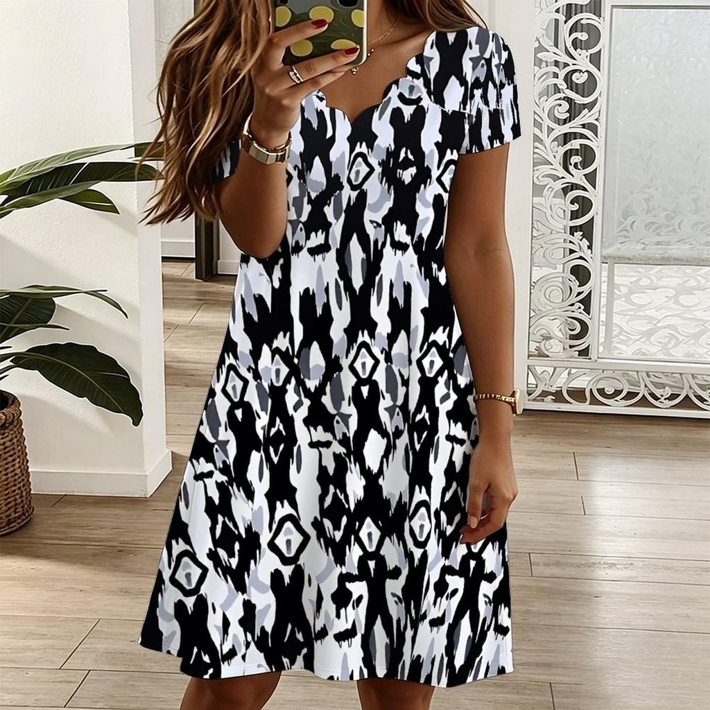 Oversized Ladies V Neck Short Sleeve Dress Watercolor Blossom Printed Loose Dress For Spring Outing And Daily Life